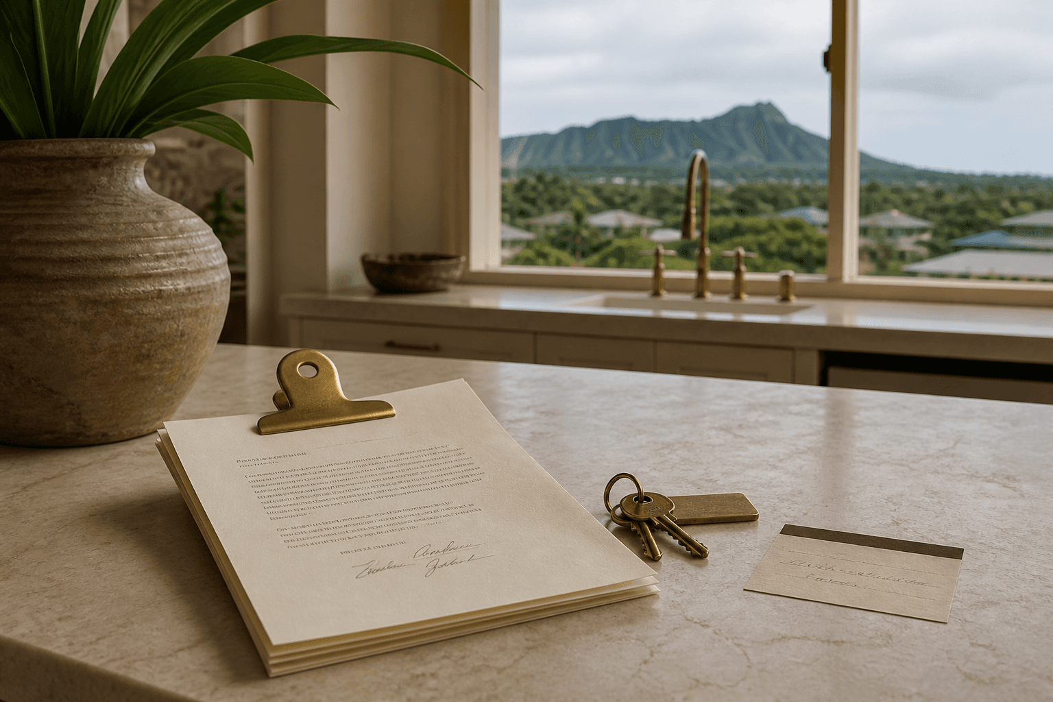 A brass clip holding a signed Oahu quote on a Kahala counter, keys and a date card.