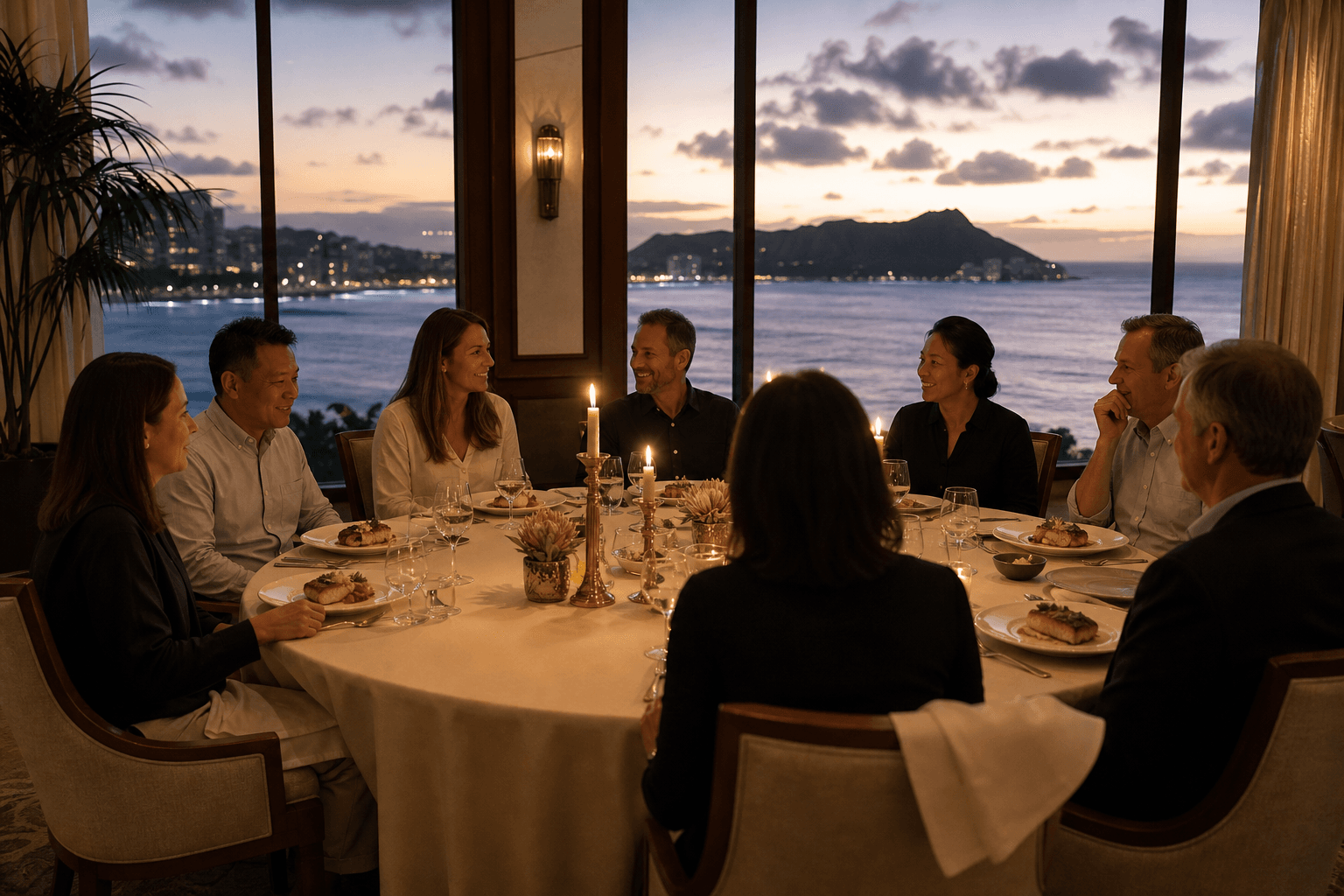 An executive dinner for eight in a Kahala dining room — plated fish, no ballroom, Diamond Head faint.