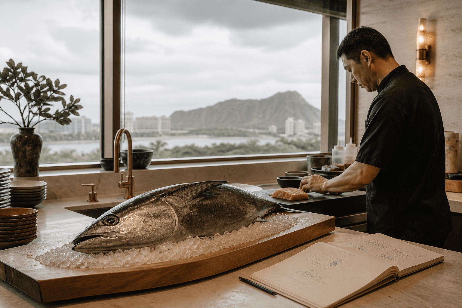 Honolulu fish on ice and a pencil menu draft on a Kahala cutting board, Diamond Head faint.