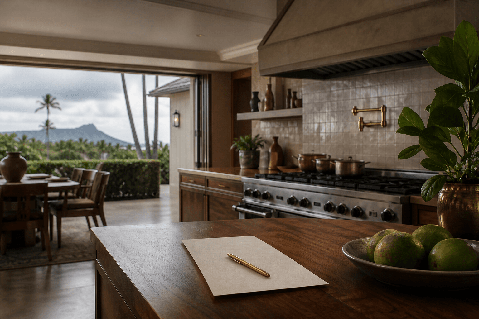 A Kahala kitchen counter with a handwritten quote sheet, Diamond Head faint through the sliders.
