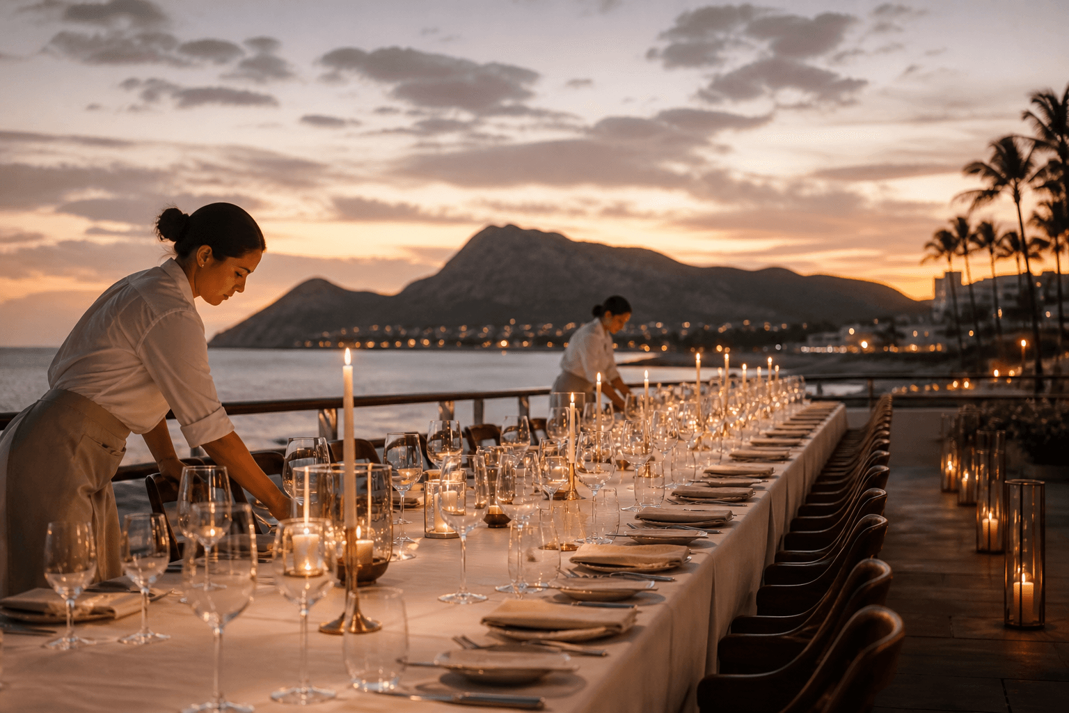 A long Gold Coast wedding-week table being set at dusk, ivory linen, Diamond Head on the horizon.