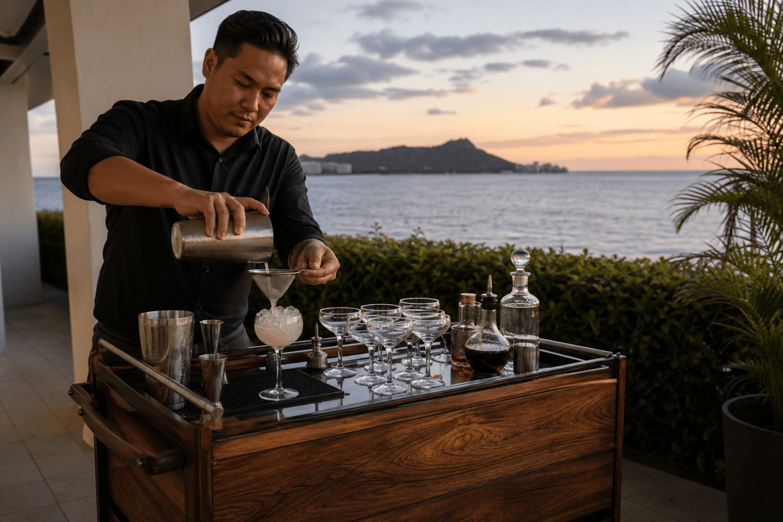 A bartender straining a citrus cocktail on a Kahala Gold Coast lānai at dusk.
