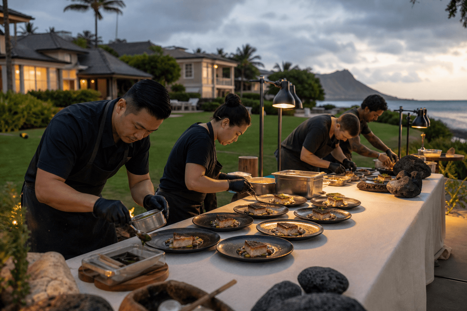 A chef brigade plates identical seared-fish courses on a Kahala Gold Coast lawn at dusk, Diamond Head on the horizon.