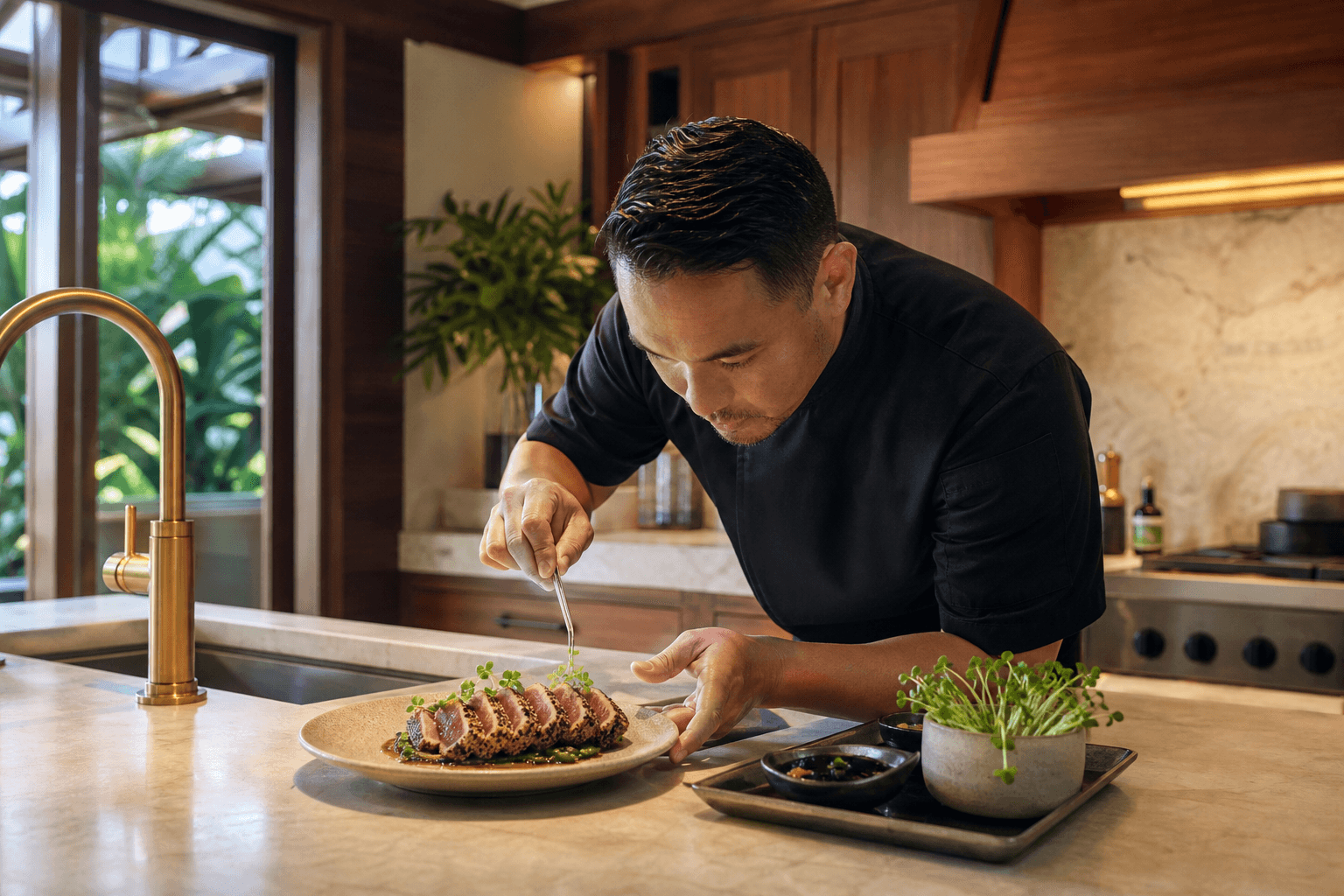 A personal chef plating sesame ahi in an Oʻahu Gold Coast estate kitchen, koa and brass, no skyline.