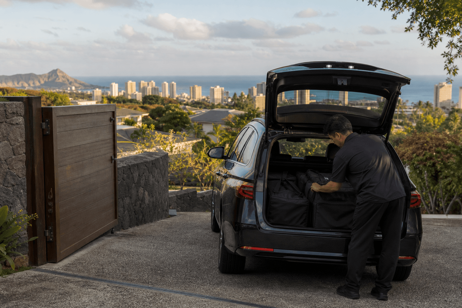 A chef loading insulated bags in a Kahala driveway — town and Pacific both in view.
