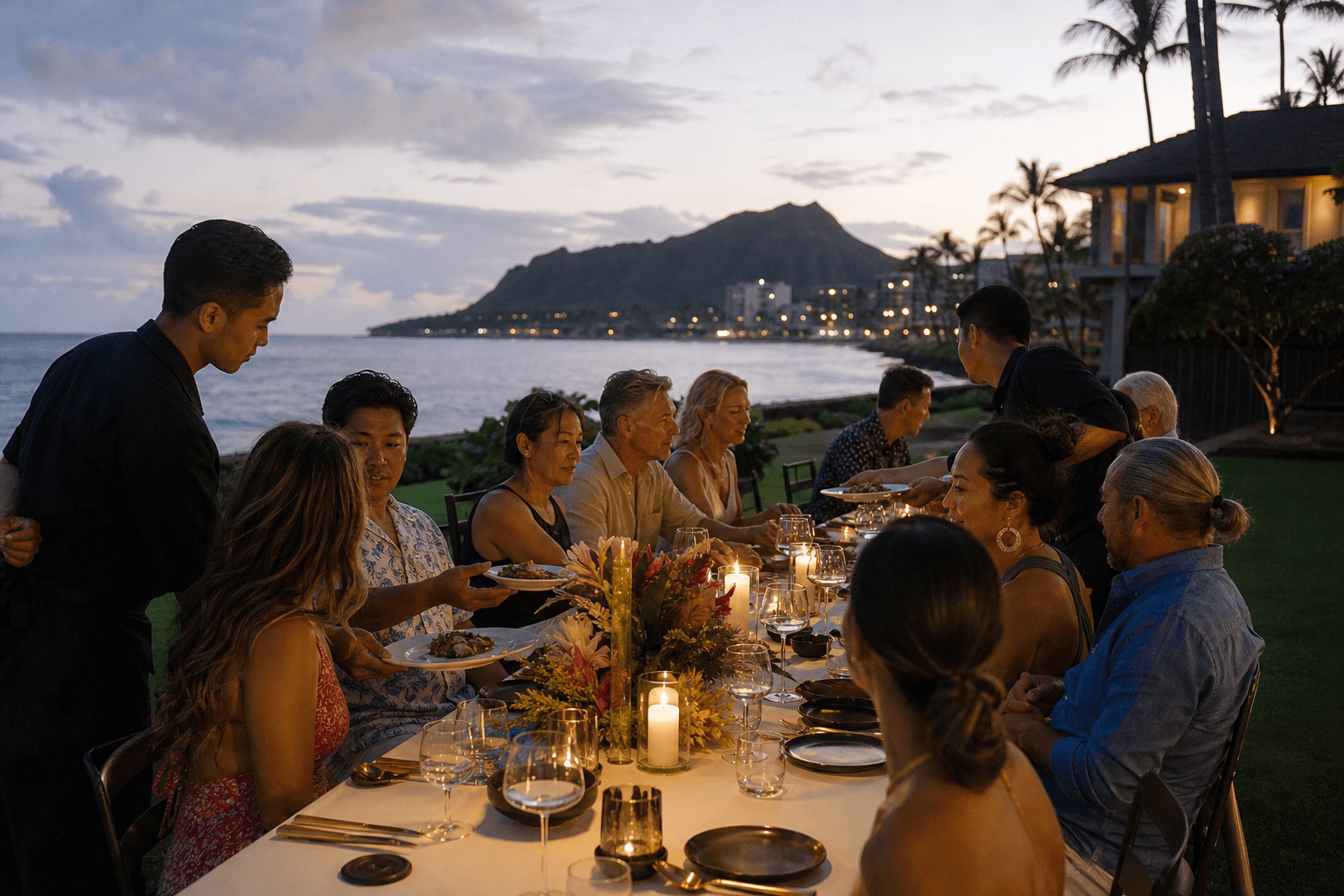 A staffed Kahala lawn gathering at dusk — passed plates, a long table, Diamond Head on the horizon.