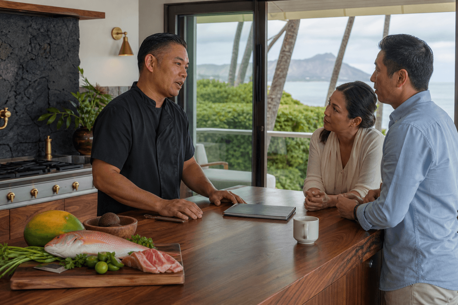 A chef and guests talk through a booking at a Kahala kitchen island, Diamond Head faint through the window.