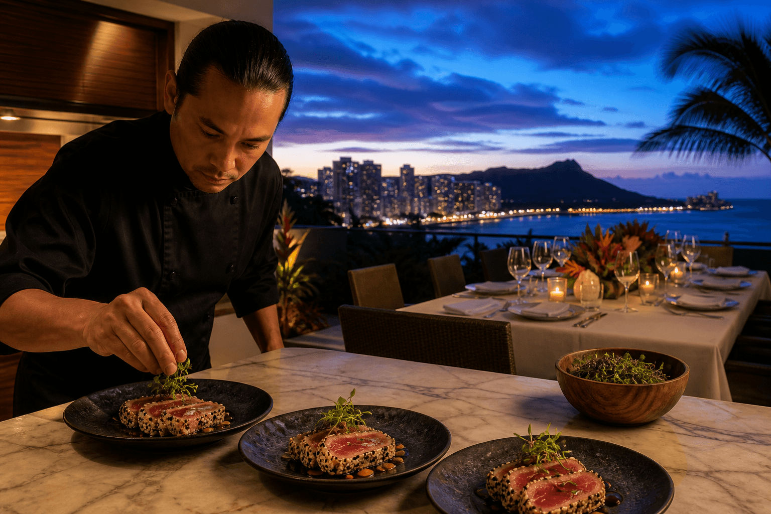 Private chef Oahu plating sesame ahi on a villa counter, Diamond Head and Waikīkī lights at twilight.