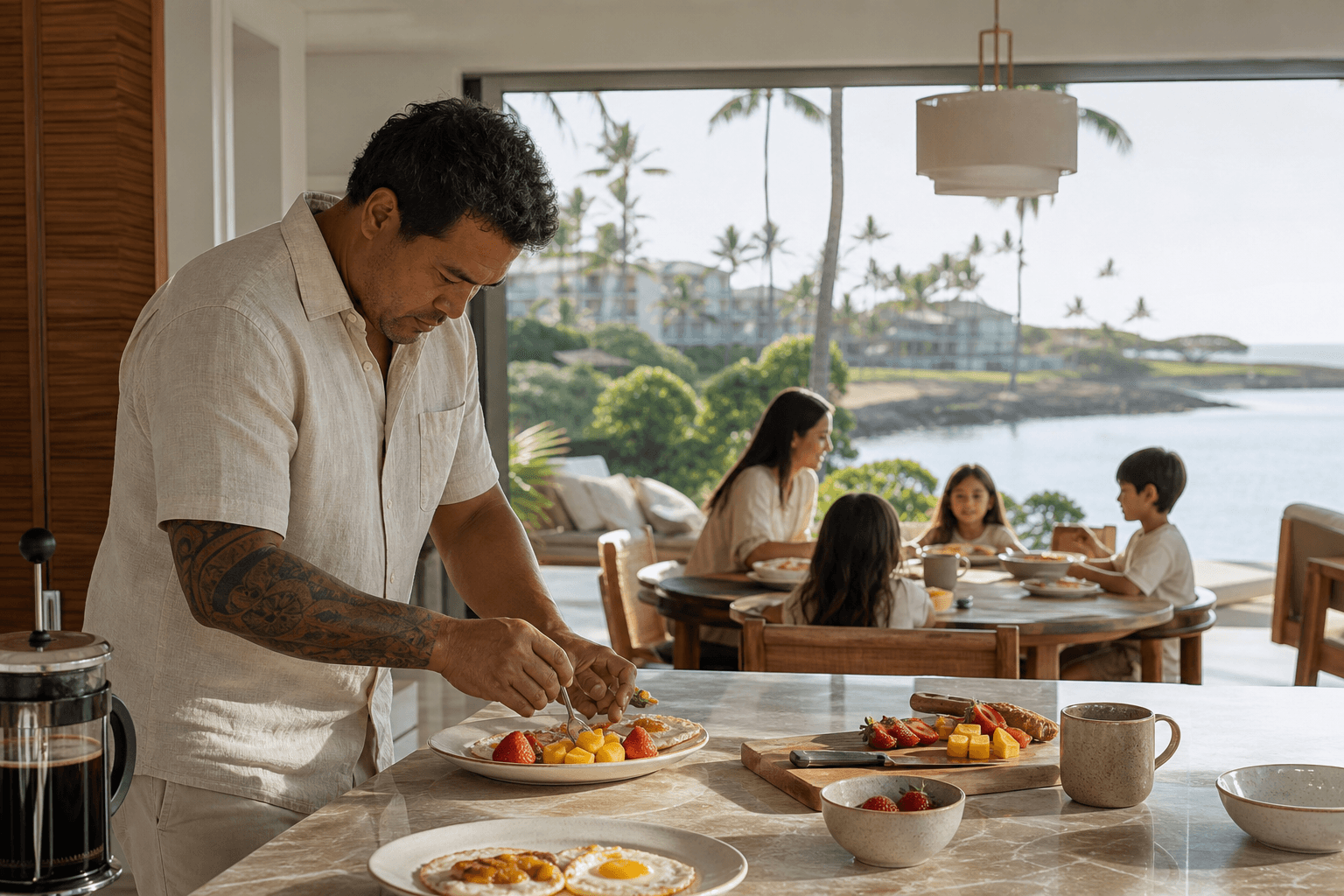 A vacation chef plating morning fruit and eggs in a Ko Olina villa kitchen opening to a west-side lagoon.
