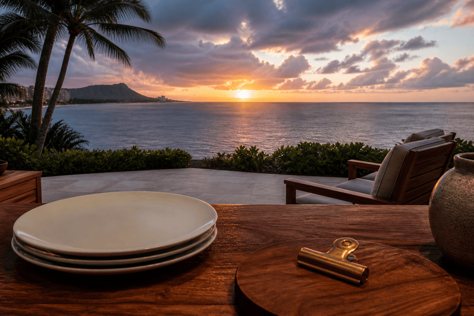 Unused ivory plates on a Kahala koa pass at dusk, open Pacific horizon, Diamond Head faint.