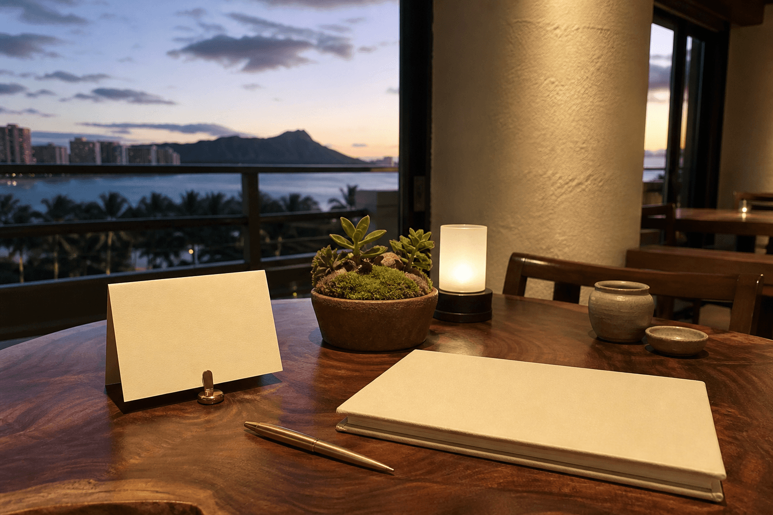 A blank cream card and brass pen on a Kahala dining table at dusk, Diamond Head faint.