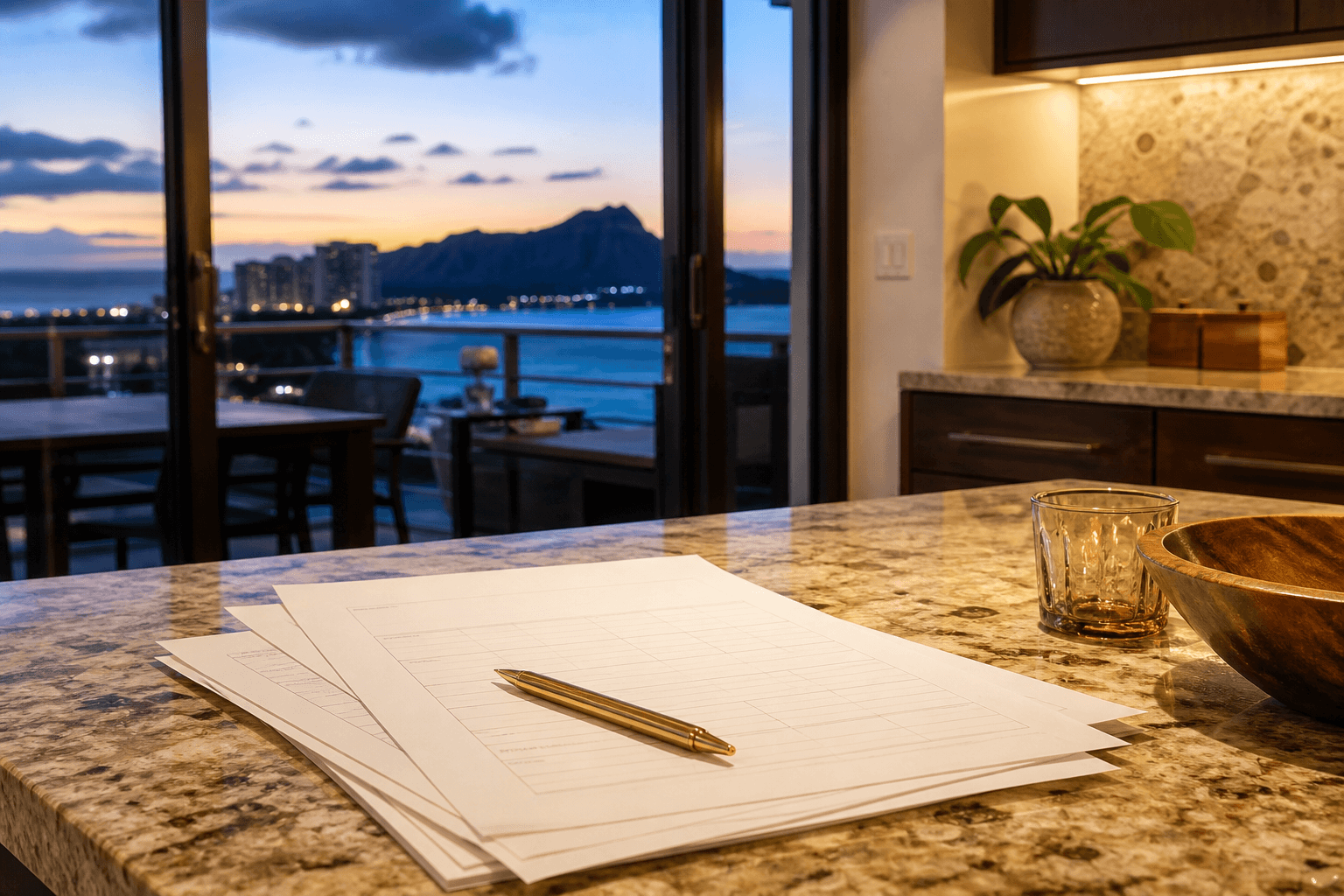 An itemised Oahu quote draft on cream paper beside a brass pen on a Kahala kitchen counter at dusk.