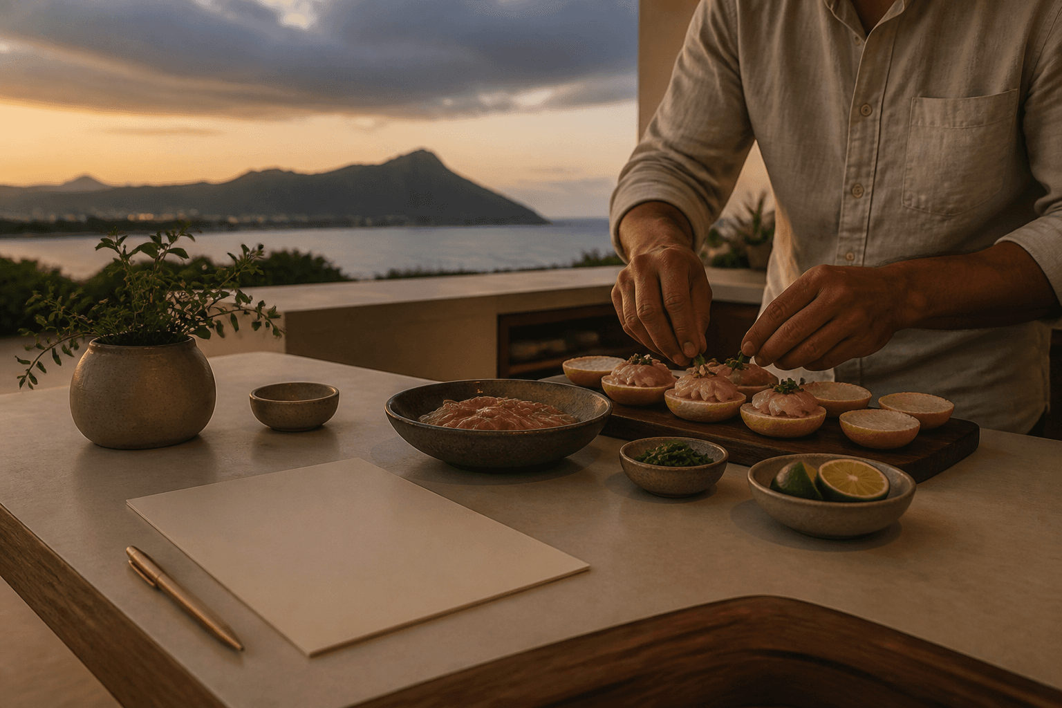 Blank cream paper and clay bowls of fish and herbs on a Kahala kitchen island at dusk.