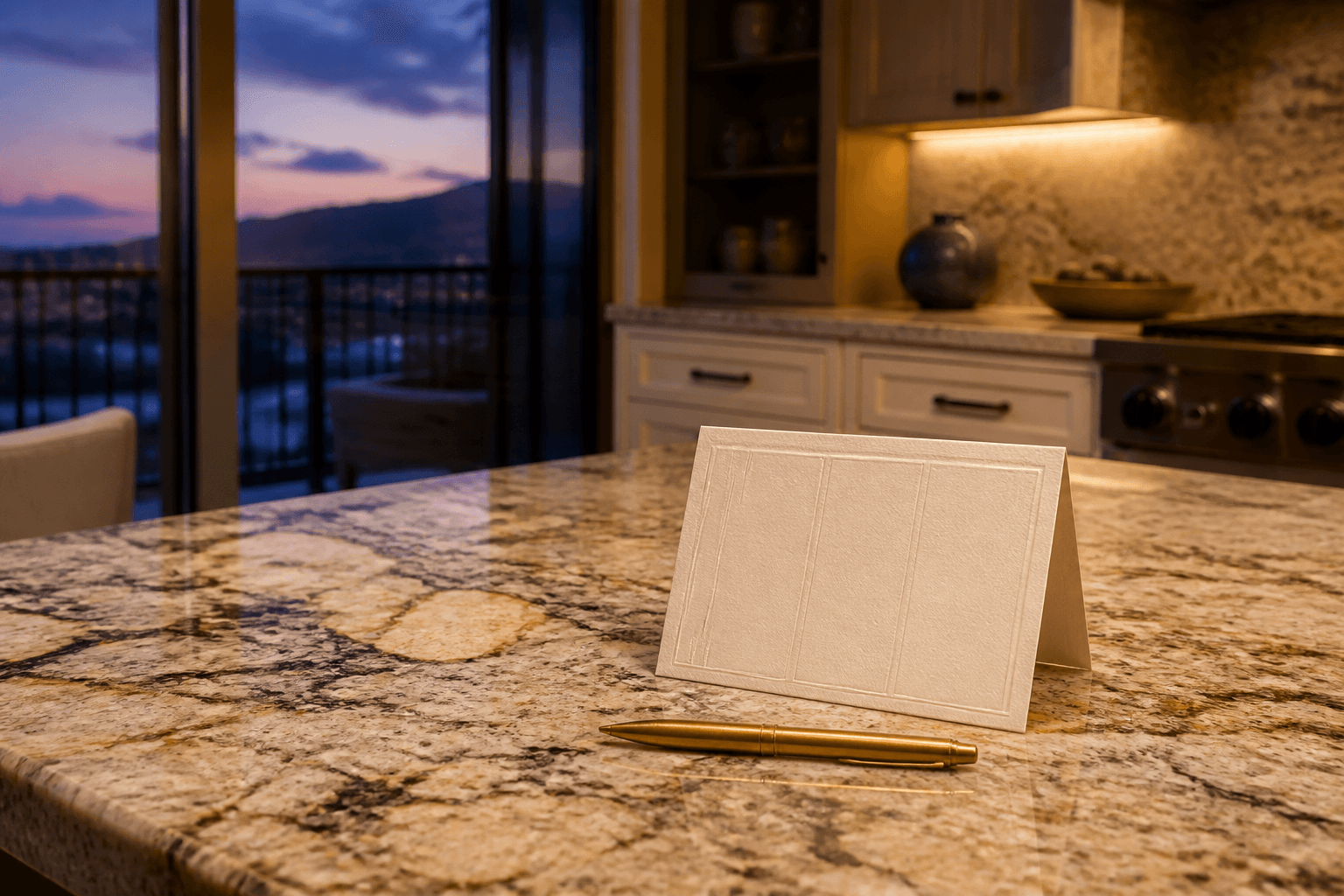 A five-field hire card on a Kahala kitchen island at dusk, brass pen, Diamond Head faint through the sliders.