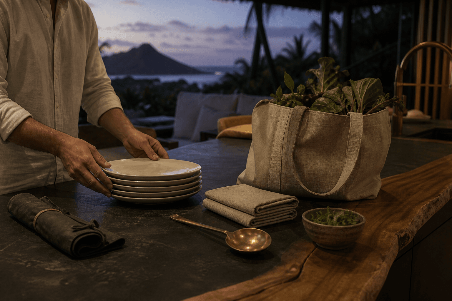 Grocery tote, ivory plates, and sand linen on a Kahala kitchen island at dusk.