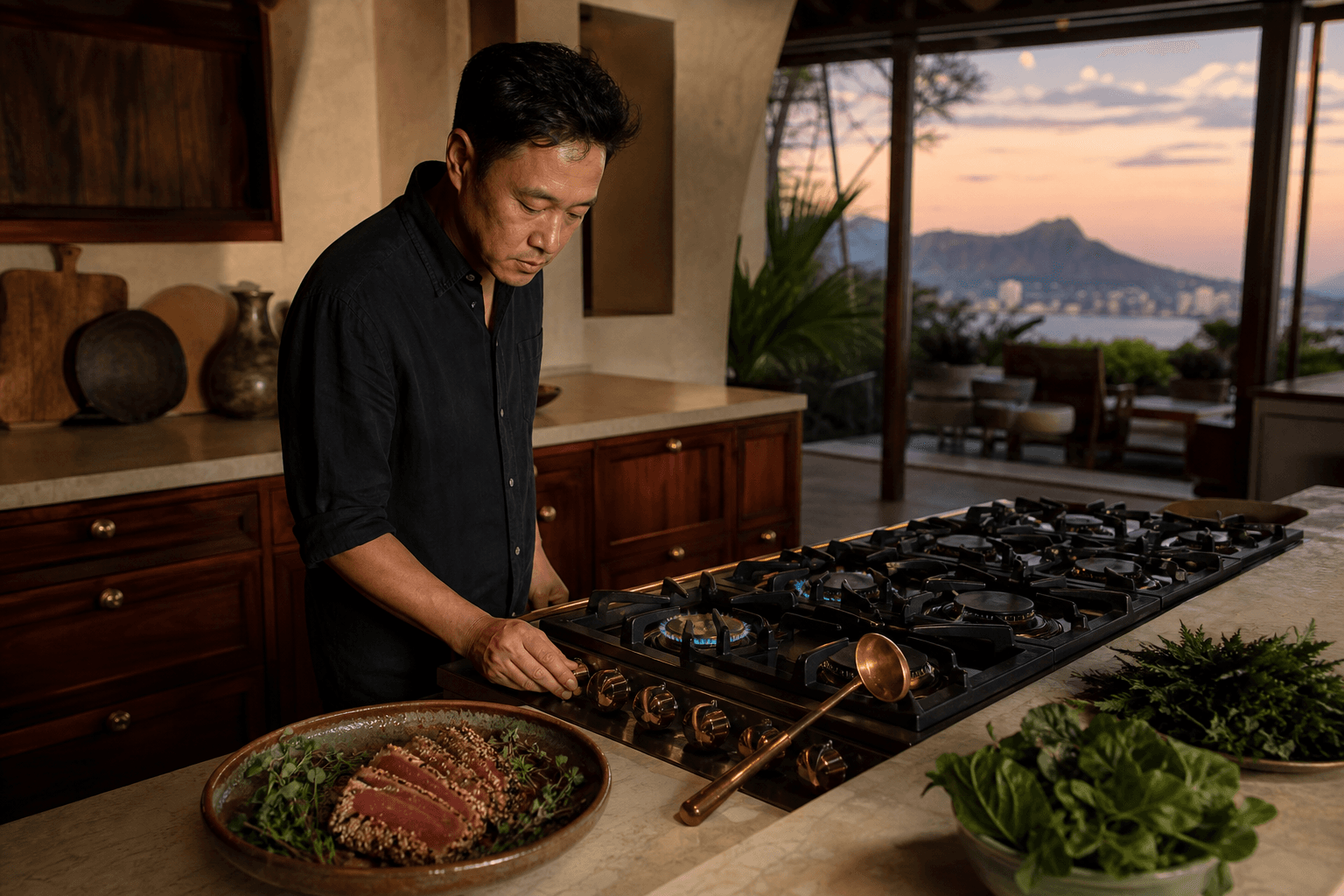 A chef at a Kahala Gold Coast villa cooktop at dusk, koa cabinets, Diamond Head faint through the sliders.