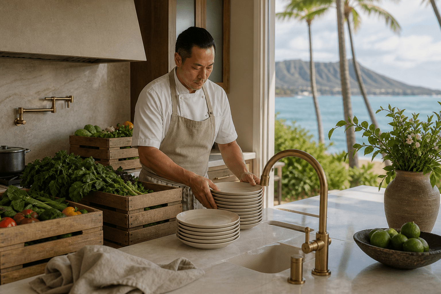 A chef stacking unused ivory plates beside unmarked produce crates in a Kahala kitchen, Diamond Head through the window.