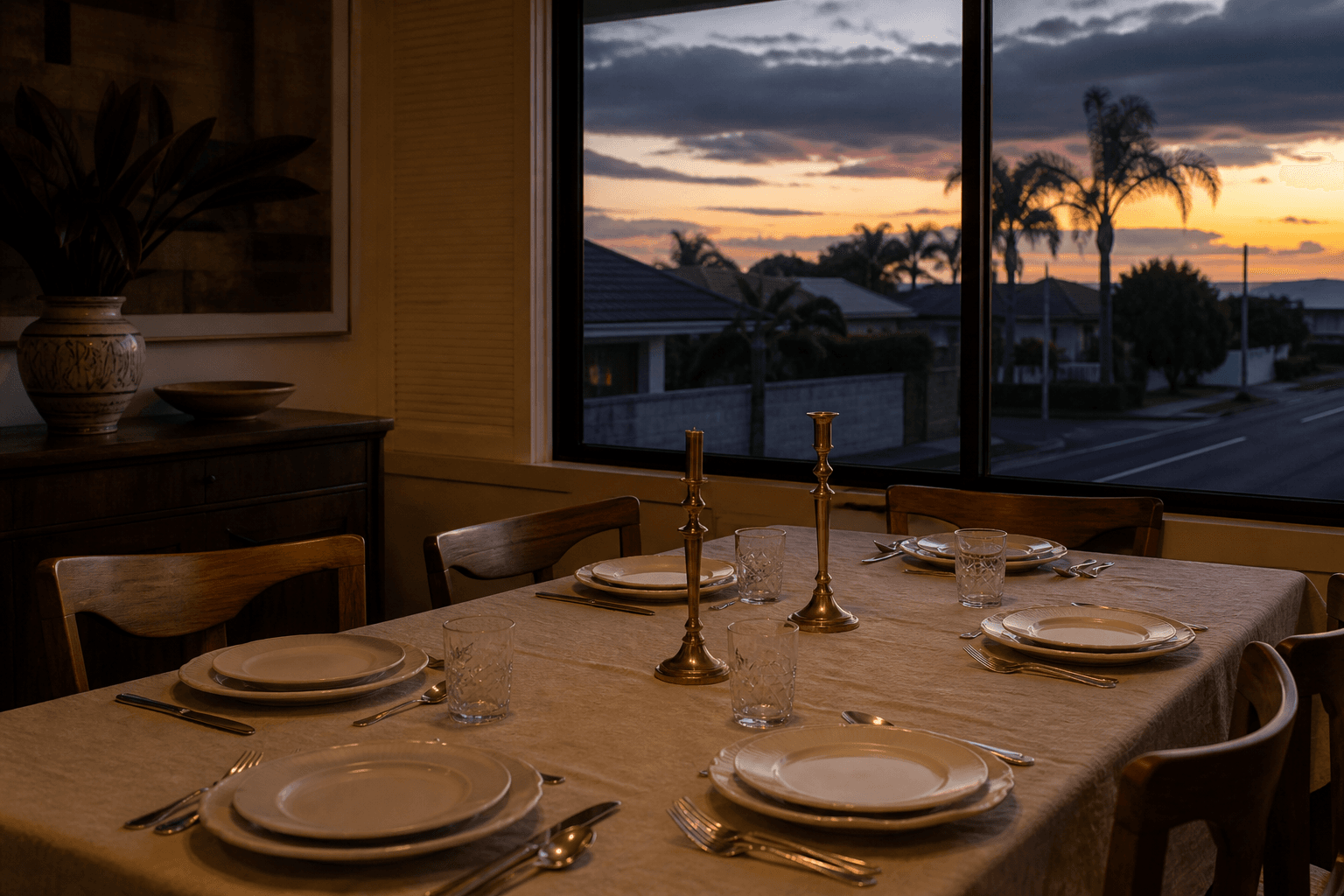 A Kahala house dining table at dusk, empty ivory plates, residential street through the window.