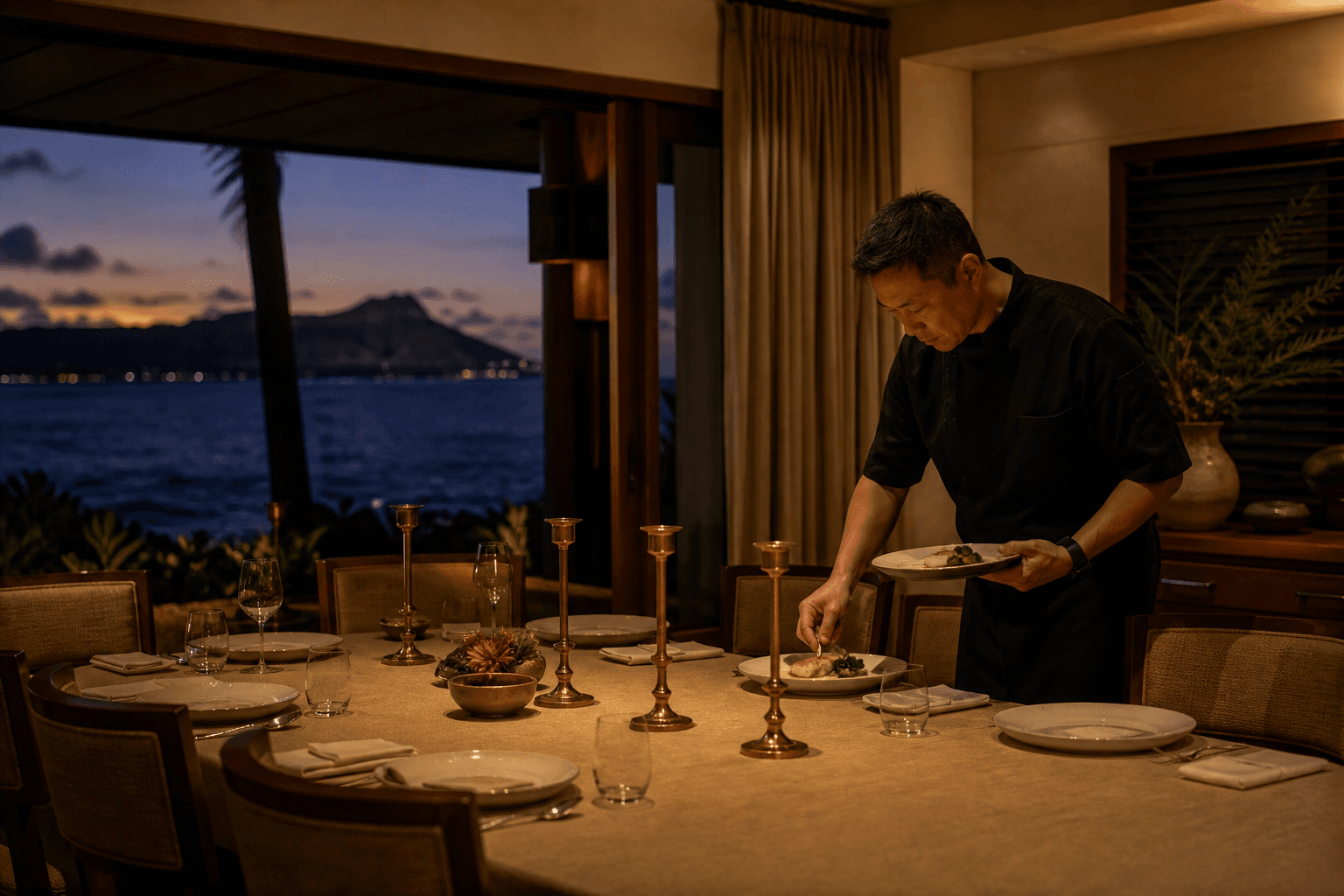 A chef plating a seated fish course on a Kahala dining table at dusk, unused extra settings, Diamond Head faint.