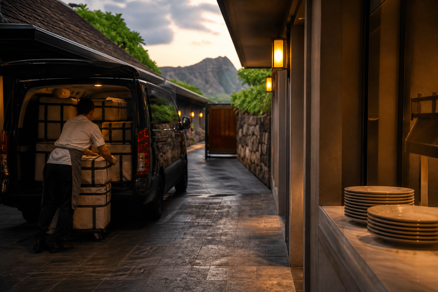 A chef loading stacked canvas coolers in a Kahala courtyard at dusk, unused ivory plates, Diamond Head faint.