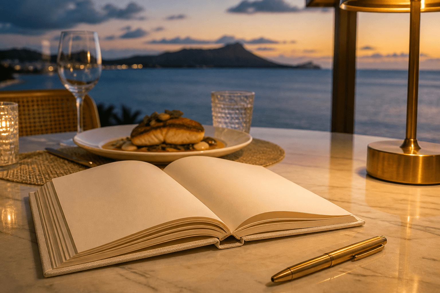 An open cloth-bound journal and brass pen on a Kahala dining table at dusk, plated fish behind, Diamond Head faint.