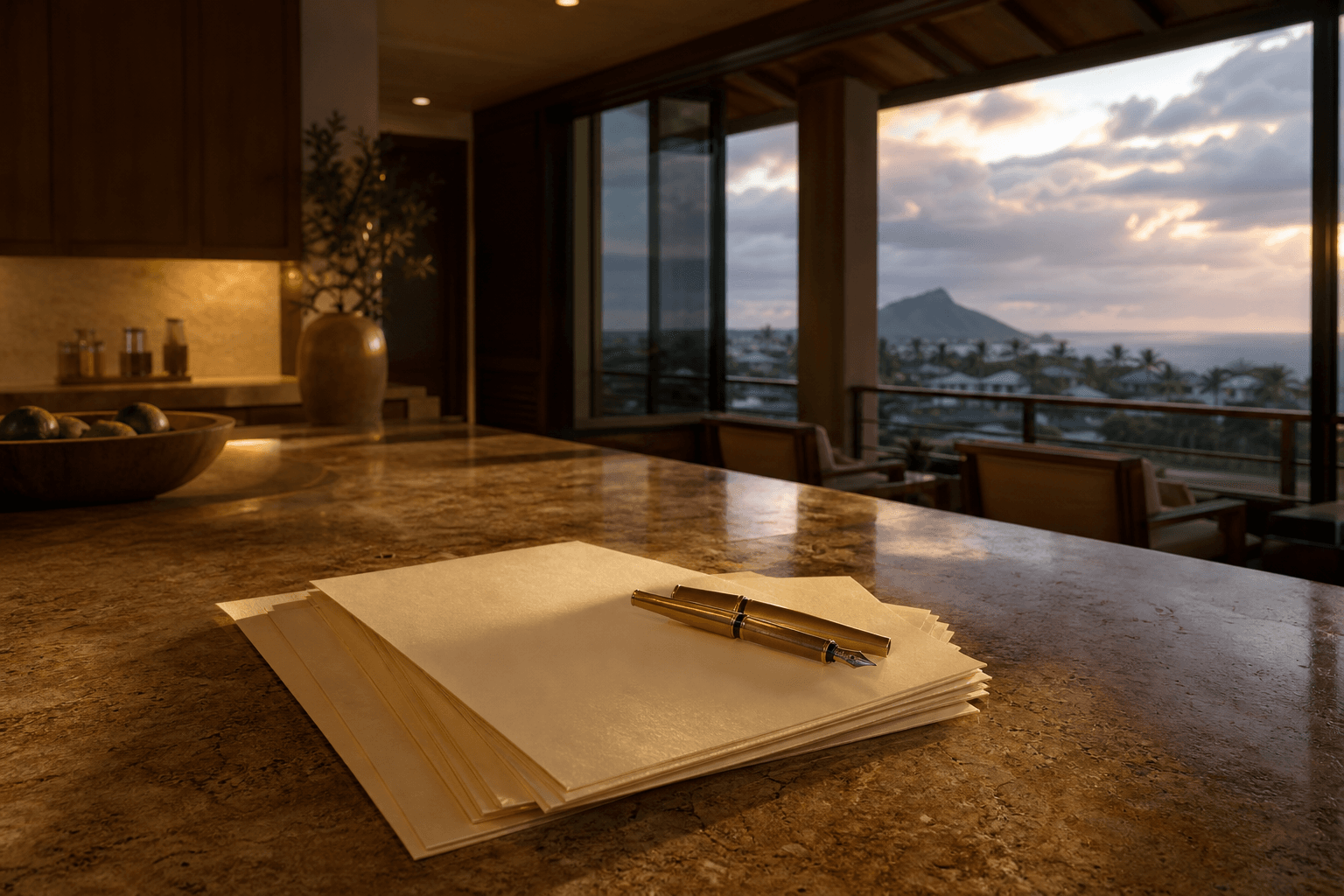 Cream booking notes and a brass pen on a Kahala Gold Coast kitchen counter at dusk, Diamond Head faint through the sliders.
