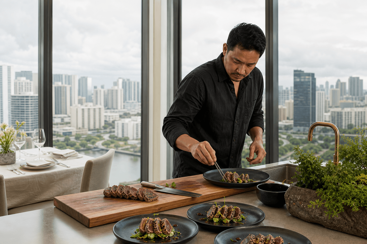 A chef plating sesame ahi in a Honolulu residence kitchen, town towers and the canal beyond.