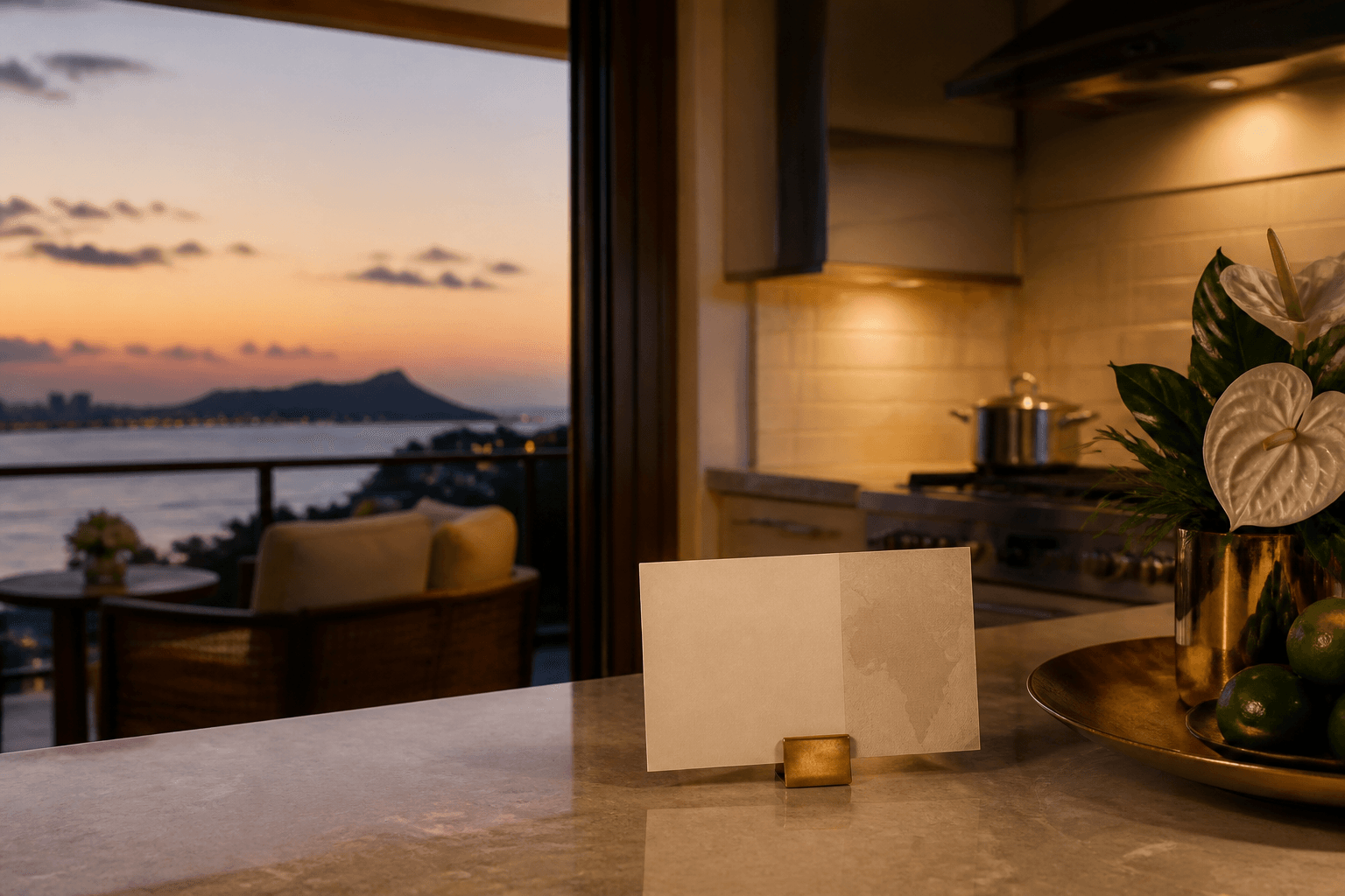 A Kahala kitchen counter with a small corridor map card, brass clip, Diamond Head faint at dusk.