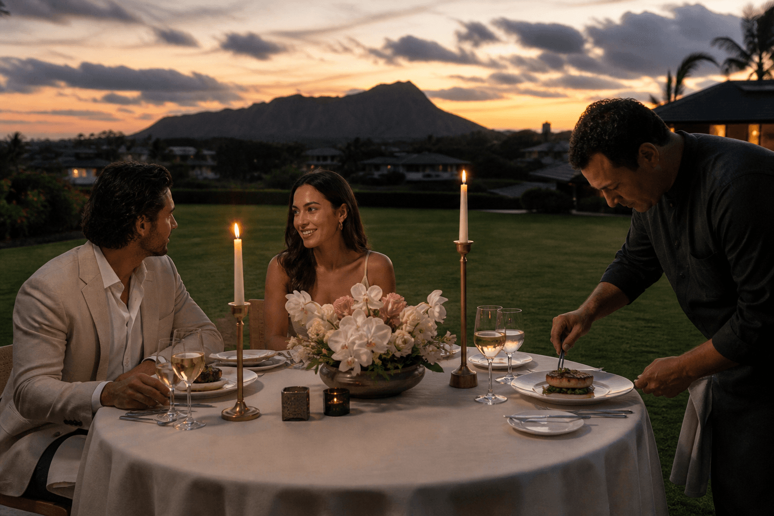 A Gold Coast Kahala estate table at dusk — plated fish, brass candles, Diamond Head on the horizon.