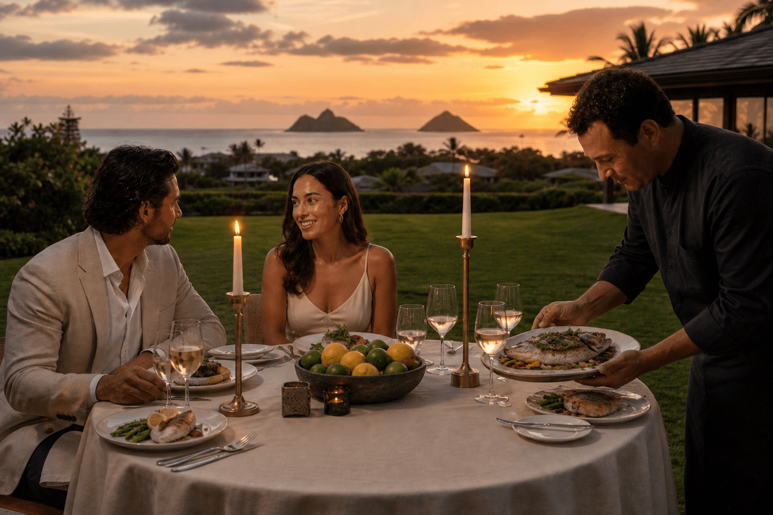 Family-style table in a Kailua house, Mokulua islets through the sliders.