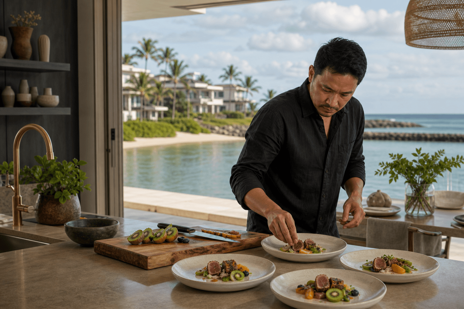 Morning prep in a Ko Olina villa kitchen opening to a west-side lagoon.