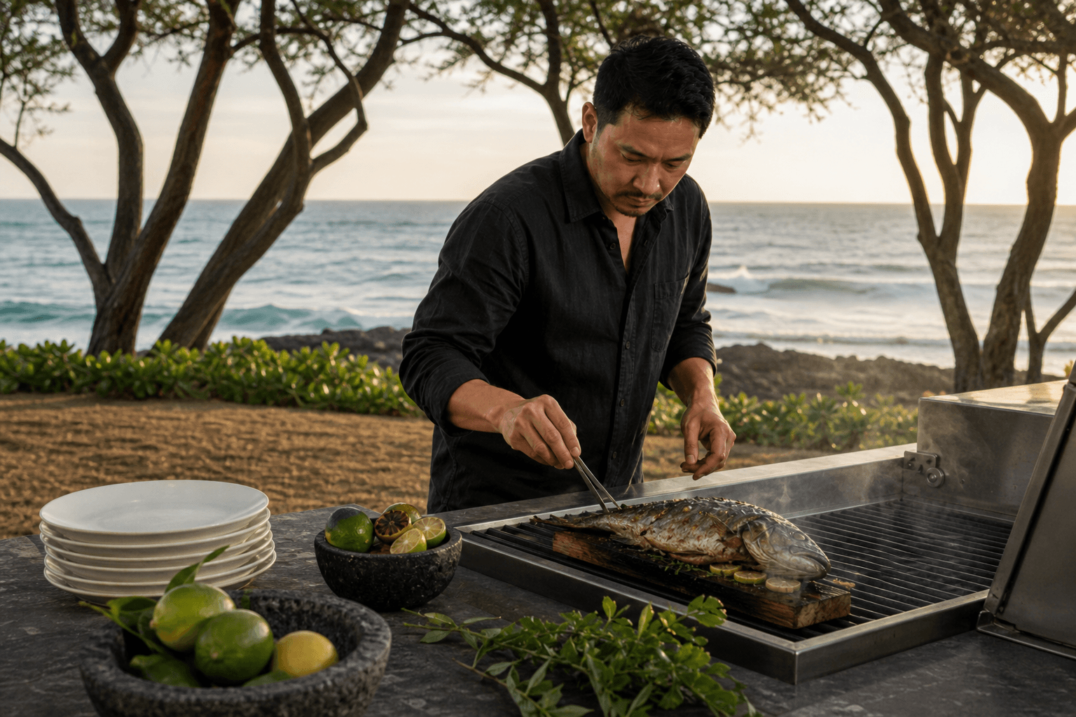 Grilling whole fish on the Oʻahu North Shore, winter swell beyond ironwoods.