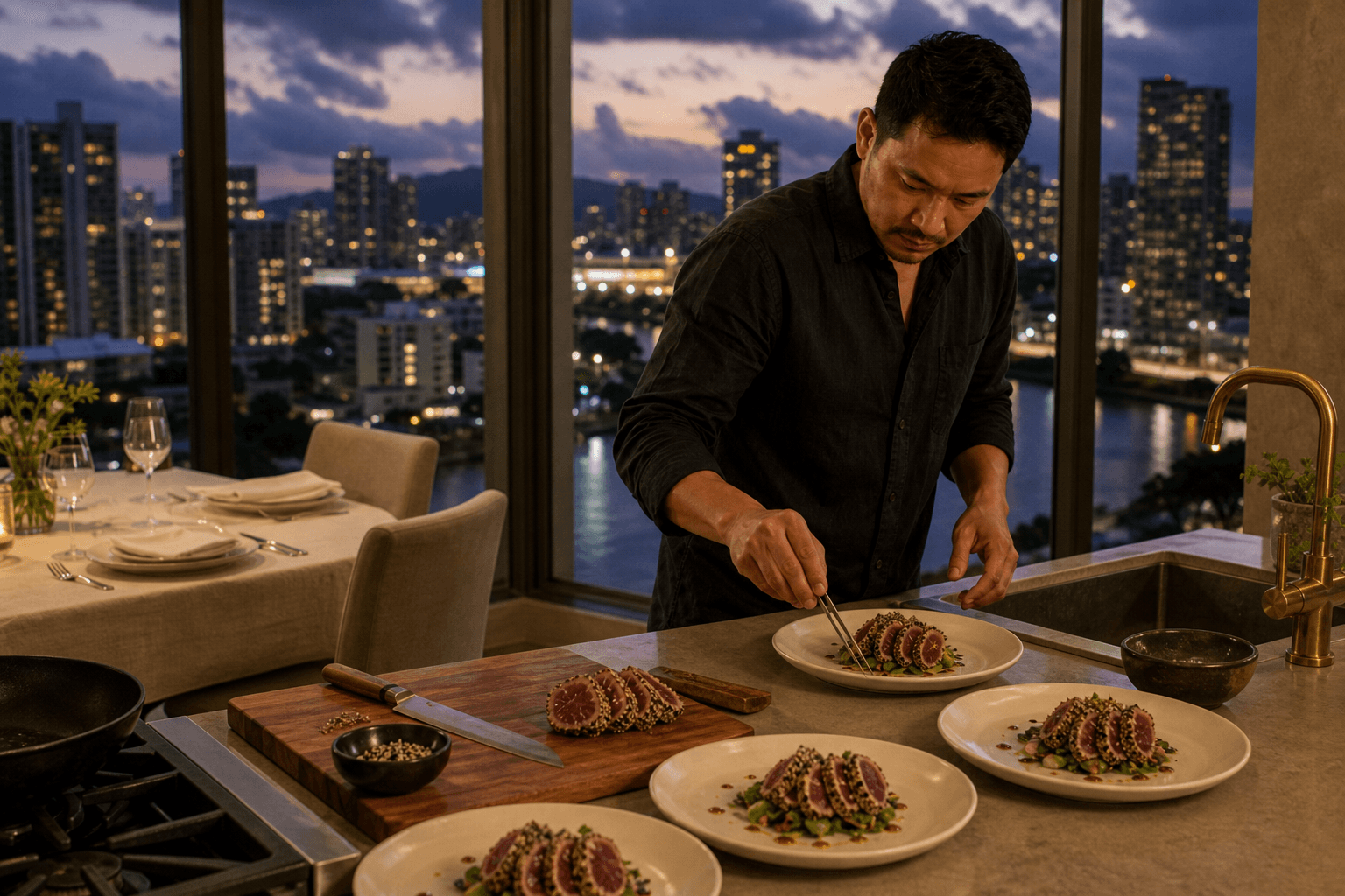Plating ahi in a Waikīkī residence kitchen overlooking the canal.