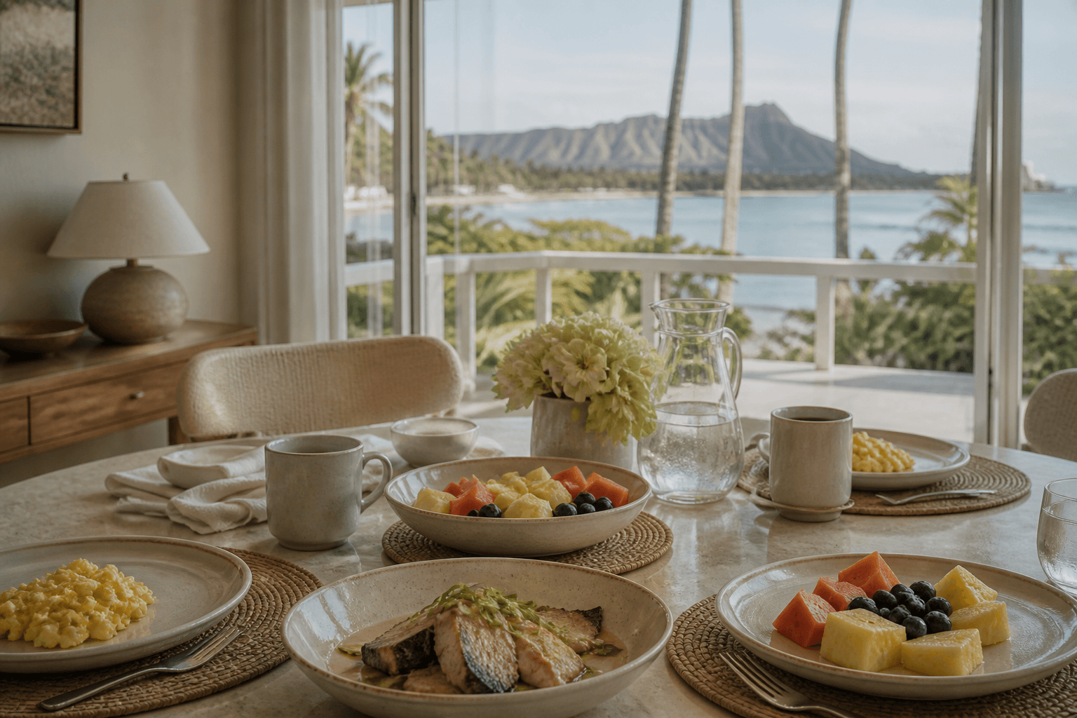 Breakfast in a Kahala house — eggs, fruit, Diamond Head faint.