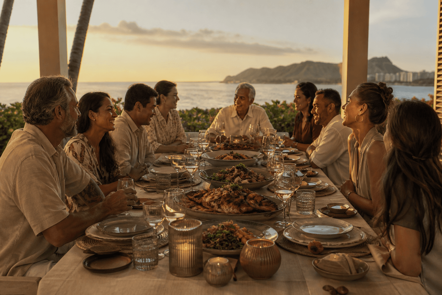 Shared family-style fish platters down a Kahala table, about twelve seats, Diamond Head faint.