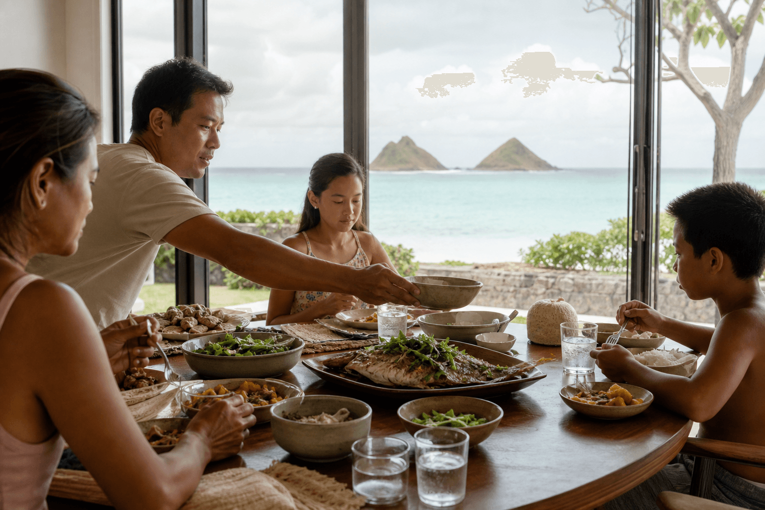 Midday lunch in a Kailua beach house — family-style fish, Mokulua through the sliders.