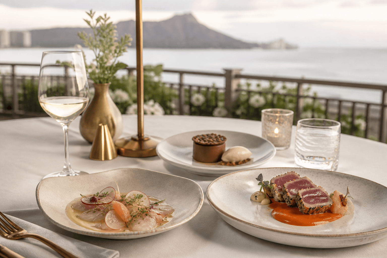Three plated courses on a Kahala dining table — crudo, seared ahi, dessert, Diamond Head faint.
