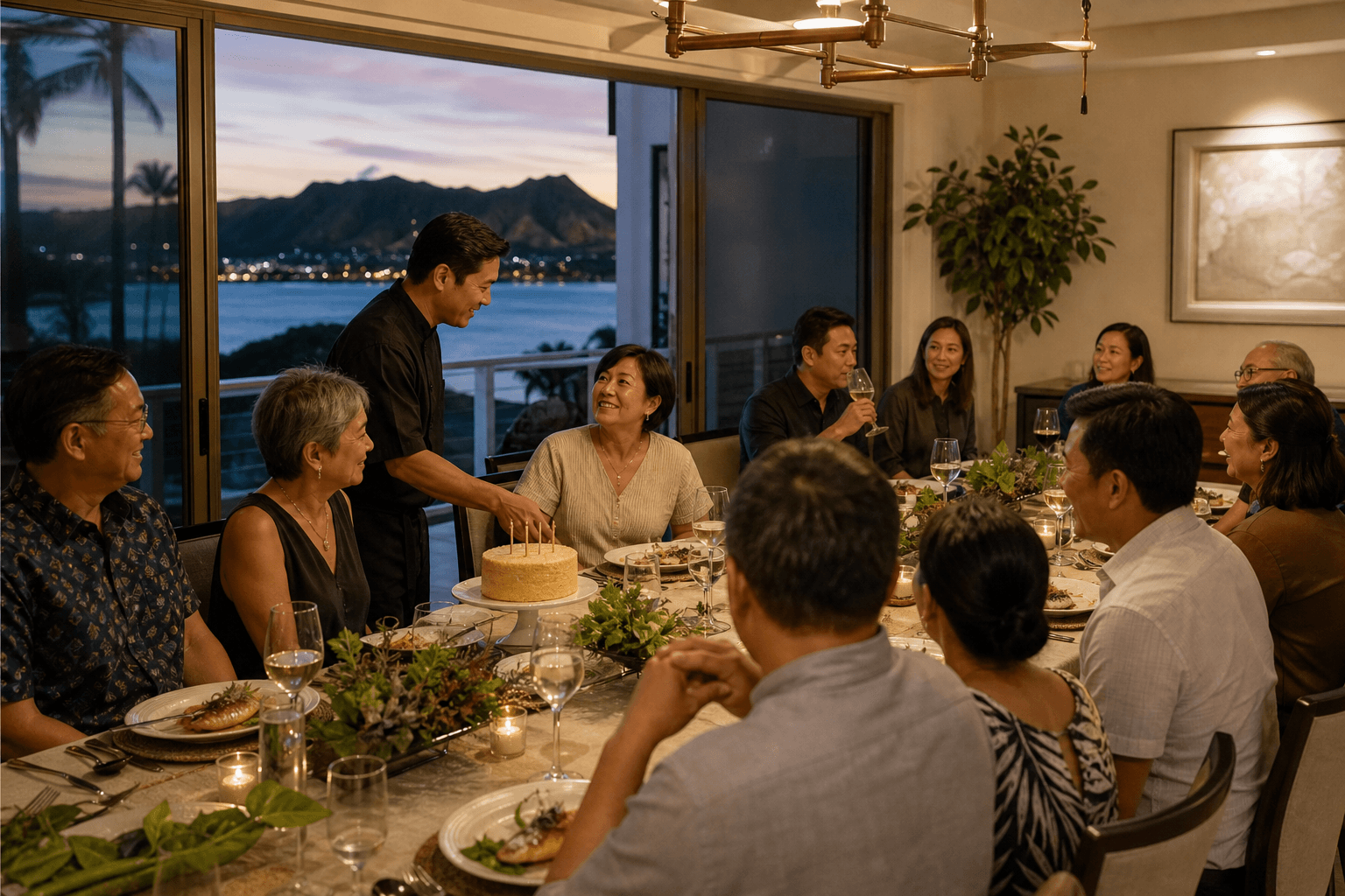 A Kahala house birthday — plated fish, a simple dessert, about ten guests, Diamond Head.