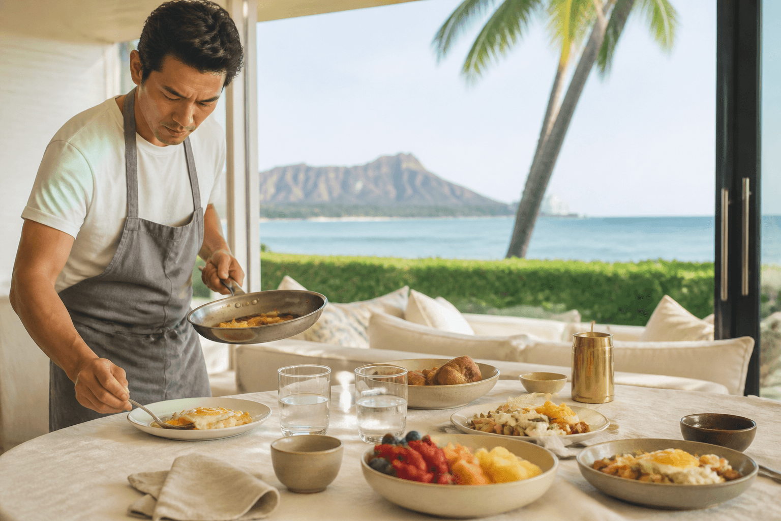 Morning brunch in a Kahala house — fruit, eggs, Diamond Head faint.