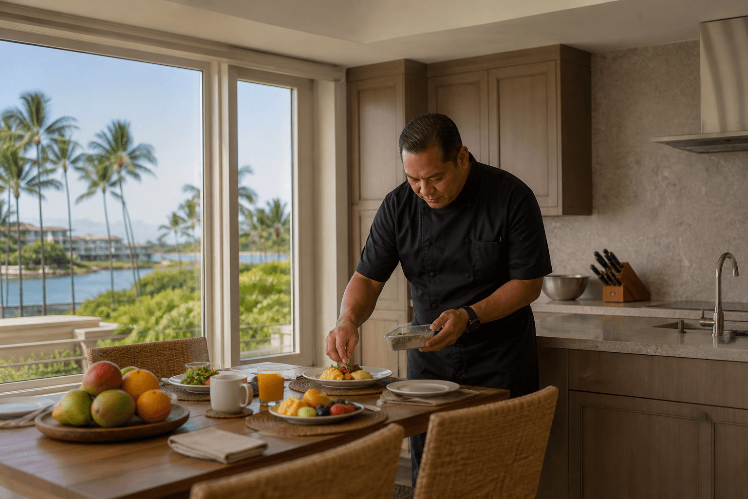 A Ko Olina villa kitchen morning — breakfast fruit, a small offsite table, lagoon.