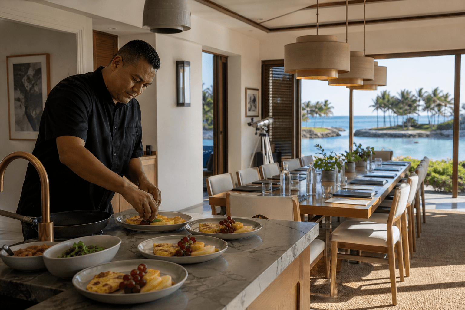 A Ko Olina retreat morning — breakfast fruit and eggs, a small offsite table, lagoon.