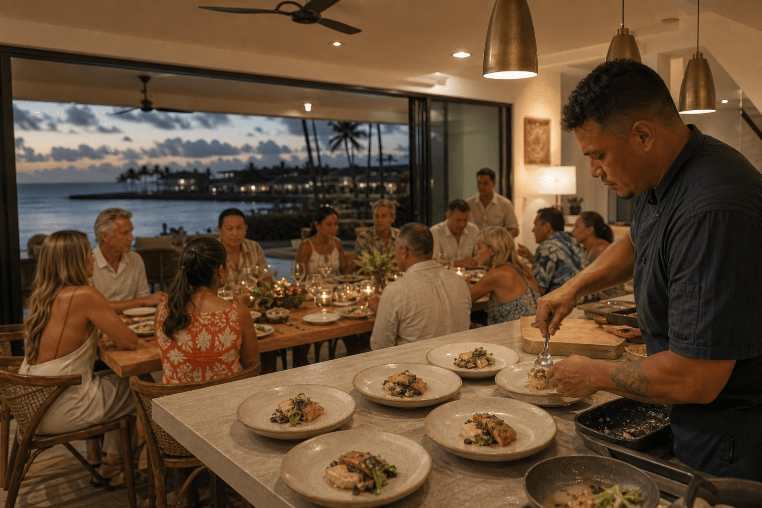 A Ko Olina villa party — family-style fish, about twelve guests, west-side lagoon.