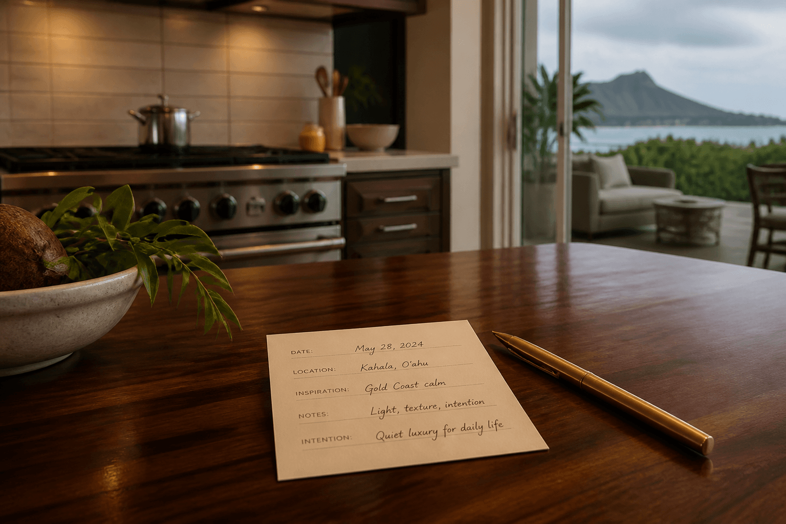 A Kahala kitchen counter with a five-field quote card and brass pen, Diamond Head faint through the sliders.