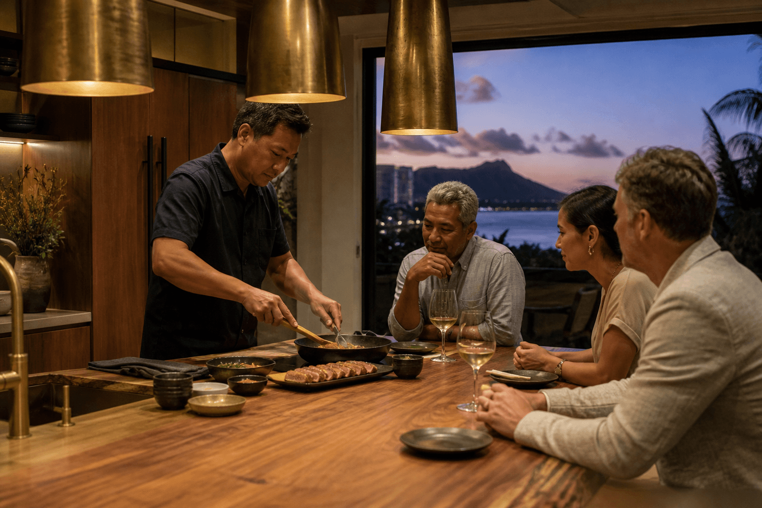 Guests at a Kahala kitchen island watching a chef finish seared ahi — not a restaurant pass.