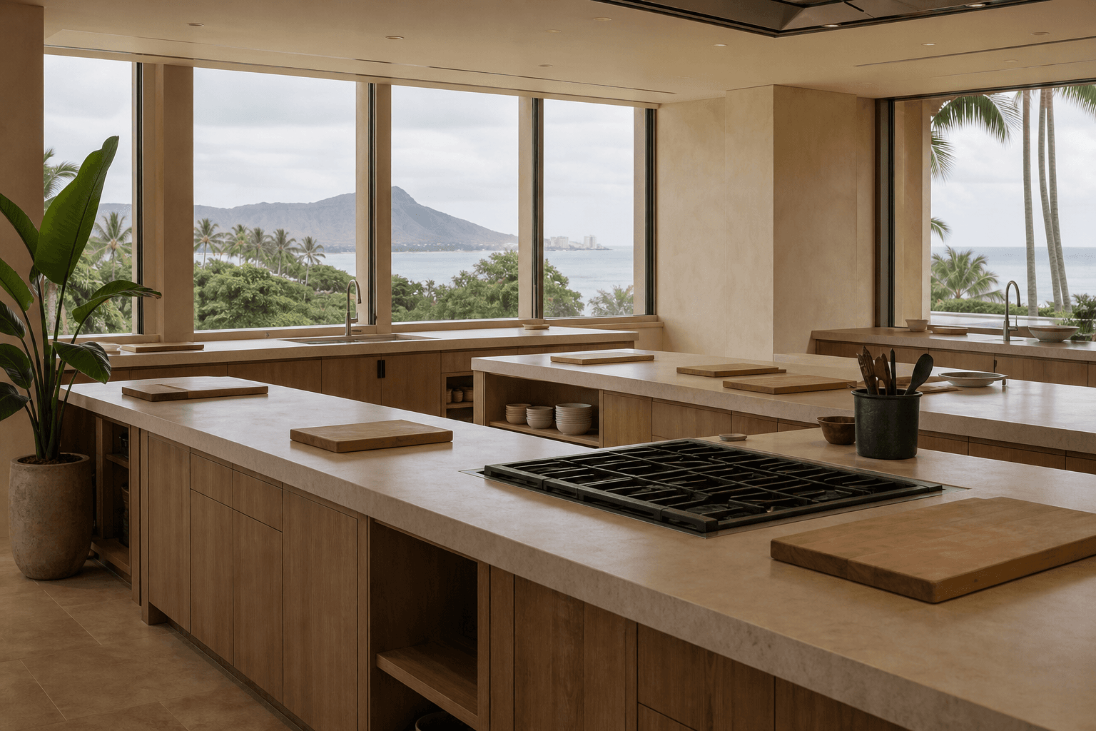 An empty Kahala teaching kitchen — unused boards, Diamond Head faint, no class in session.