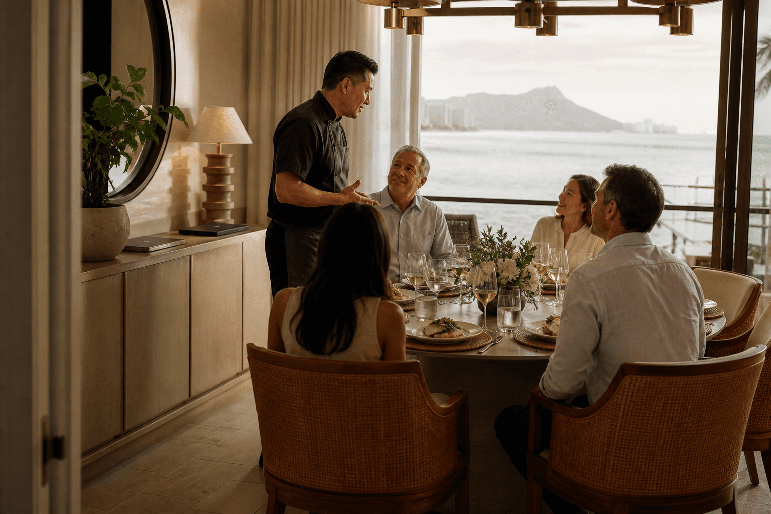 An executive dinner in a Kahala dining room — plated fish, not a convention centre.
