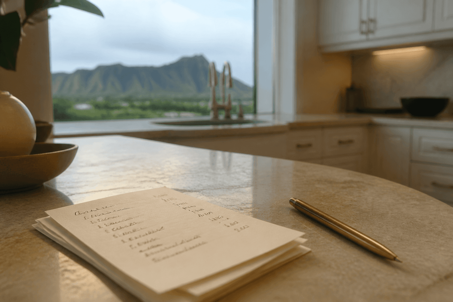 An itemised Oahu fee stack on cream paper beside a brass pen on a Kahala kitchen counter.