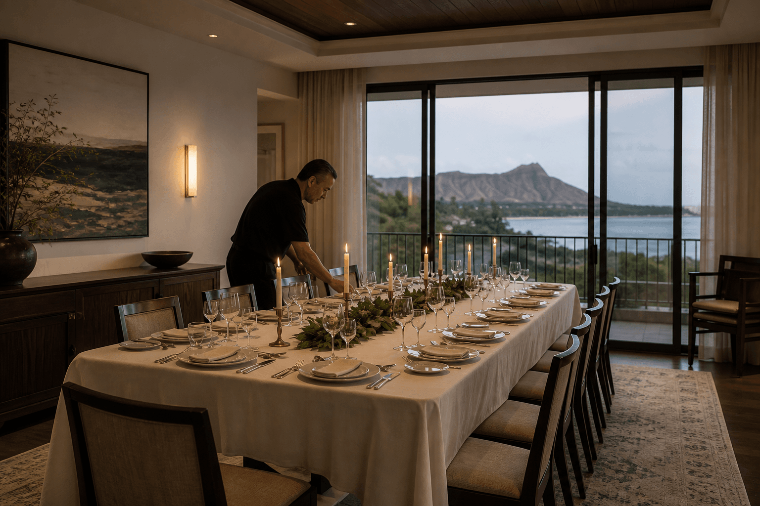 A Kahala dining room set for twelve — ivory linen, brass, Diamond Head through the sliders.