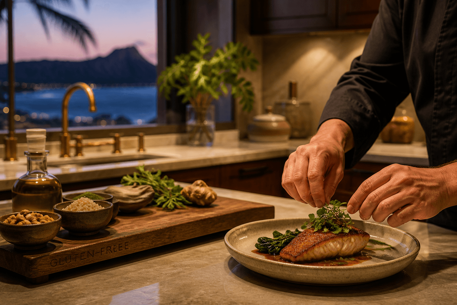 A separate gluten-free board in a Kahala kitchen, miso-glazed catch, Diamond Head faint.