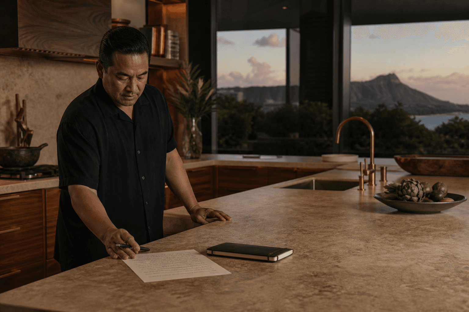 A Kahala kitchen at dusk — a written quote on the island, no invented reviews, Diamond Head faint.